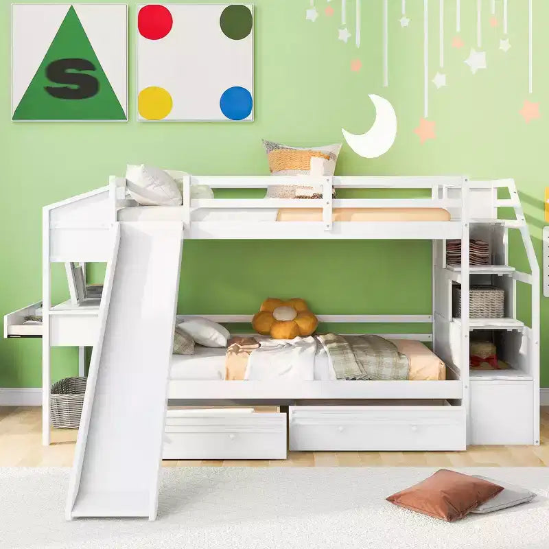 GDFStudio Ortiz Bunk Bed with Storage Staircase, Slide and Drawers, Desk with Drawers and Shelves