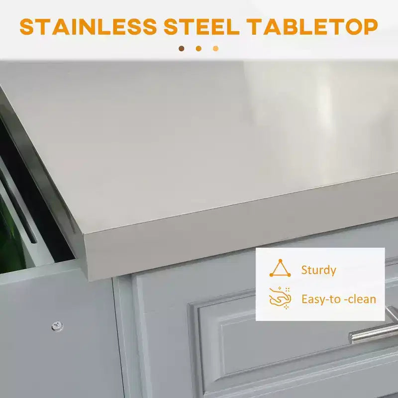 FAMYYT Gray stainless Steel Top 17. 75 in. Kitchen Island with Drop Leaf Breakfast Bar, Storage Drawers, 2-Cabinets, Spice Rack