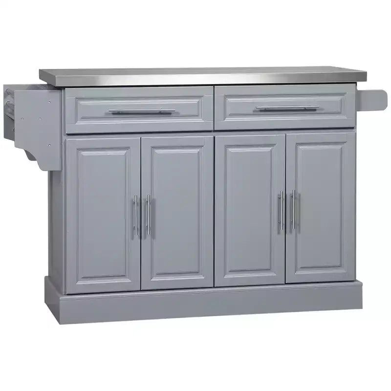 FAMYYT Gray stainless Steel Top 17. 75 in. Kitchen Island with Drop Leaf Breakfast Bar, Storage Drawers, 2-Cabinets, Spice Rack