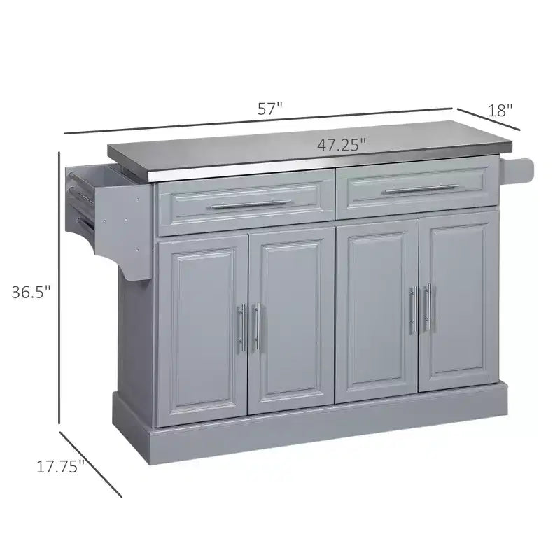 FAMYYT Gray stainless Steel Top 17. 75 in. Kitchen Island with Drop Leaf Breakfast Bar, Storage Drawers, 2-Cabinets, Spice Rack