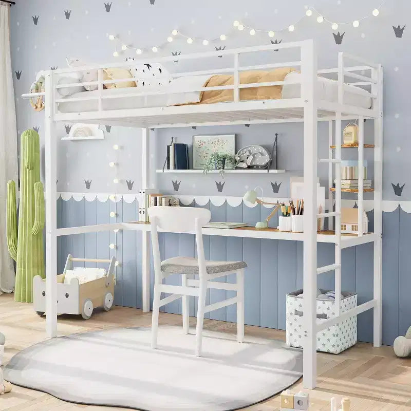 Twin Size Loft Bed with Large Desk and Storage Shelves, Heavy Duty Metal Loft Bed with Safety Guardrail and Ladder for Kids and Adults, White Brown