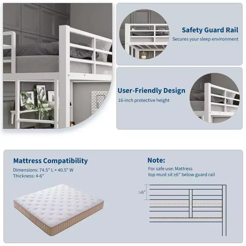 Twin Size Loft Bed with Large Desk and Storage Shelves, Heavy Duty Metal Loft Bed with Safety Guardrail and Ladder for Kids and Adults, White Brown