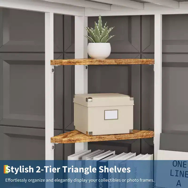 Twin Size Loft Bed with Large Desk and Storage Shelves, Heavy Duty Metal Loft Bed with Safety Guardrail and Ladder for Kids and Adults, White Brown