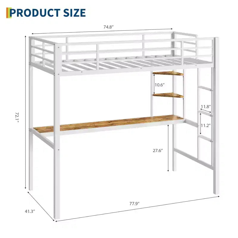Twin Size Loft Bed with Large Desk and Storage Shelves, Heavy Duty Metal Loft Bed with Safety Guardrail and Ladder for Kids and Adults, White Brown