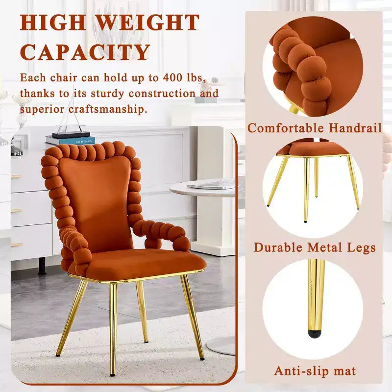 TUYOHW Ball Chain Chairs Set of 2,Velvet Dining Chairs with Curved Backrest & Metal Legs,Puffy Kitchen Chairs for Dining Room,Living Room