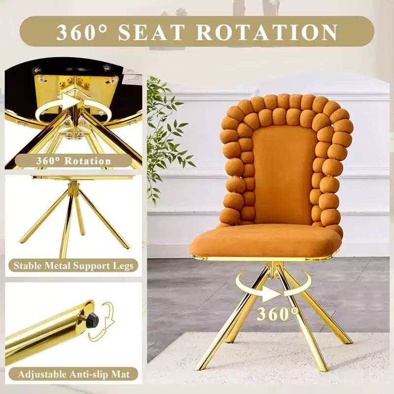 TUYOHW Ball Chain Chairs Set of 2,Velvet Dining Chairs with Curved Backrest & Metal Legs,Puffy Kitchen Chairs for Dining Room,Living Room