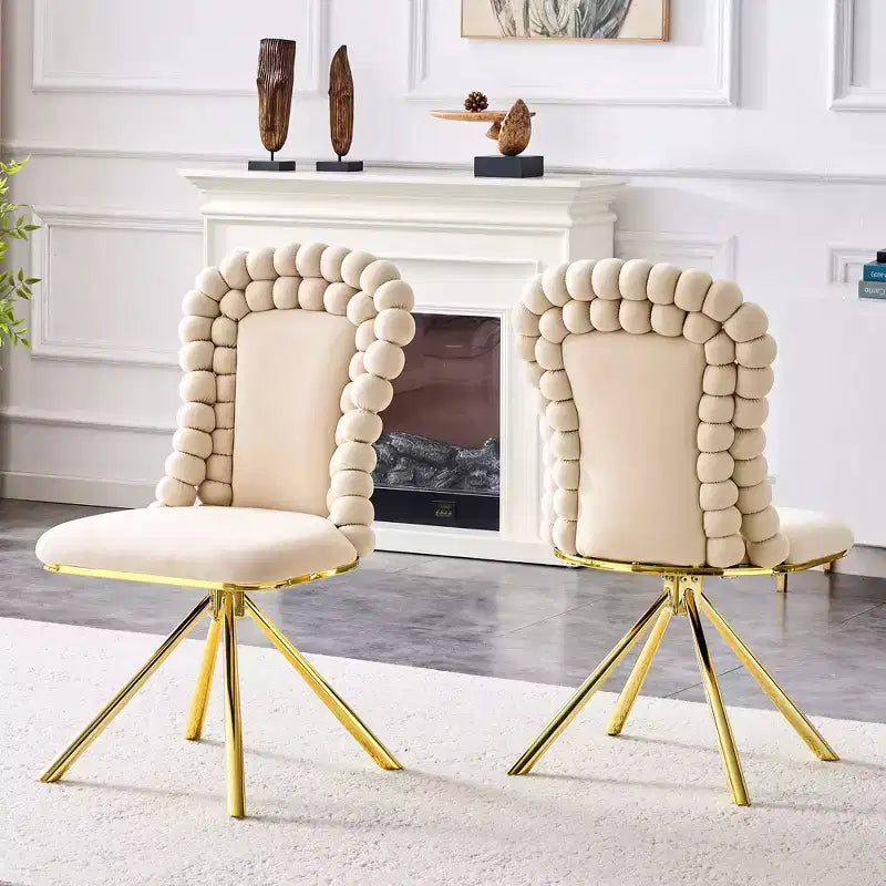 TUYOHW Ball Chain Chairs Set of 2,Velvet Dining Chairs with Curved Backrest & Metal Legs,Puffy Kitchen Chairs for Dining Room,Living Room