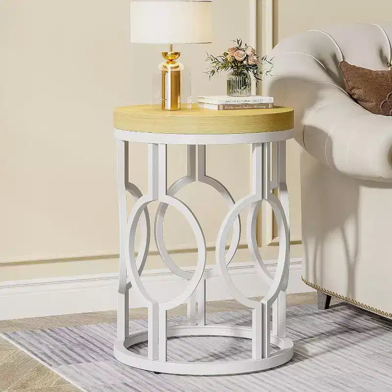 Lantine Round End Table, Farmhouse Side Table with White Metal Hollow Frame, Small Bedside Table Nightstand for Living Room, Bedroom, Easy Assembly