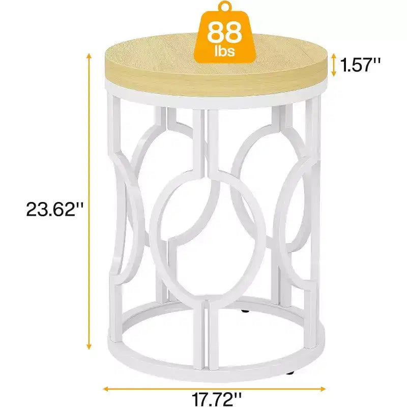Lantine Round End Table, Farmhouse Side Table with White Metal Hollow Frame, Small Bedside Table Nightstand for Living Room, Bedroom, Easy Assembly