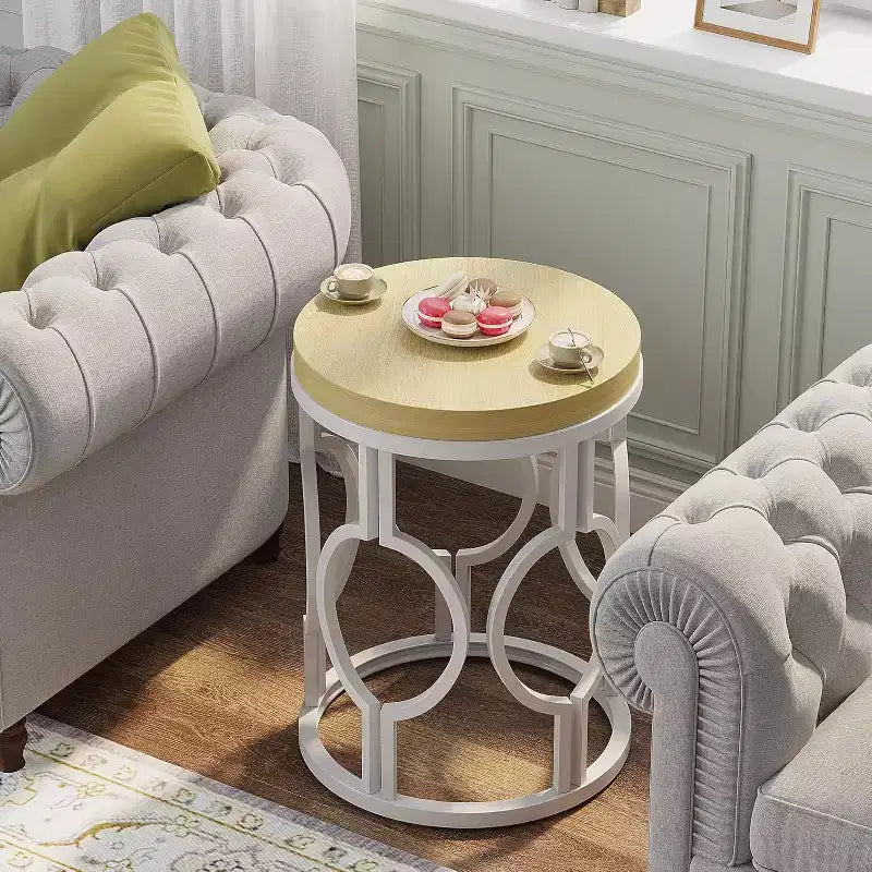 Lantine Round End Table, Farmhouse Side Table with White Metal Hollow Frame, Small Bedside Table Nightstand for Living Room, Bedroom, Easy Assembly