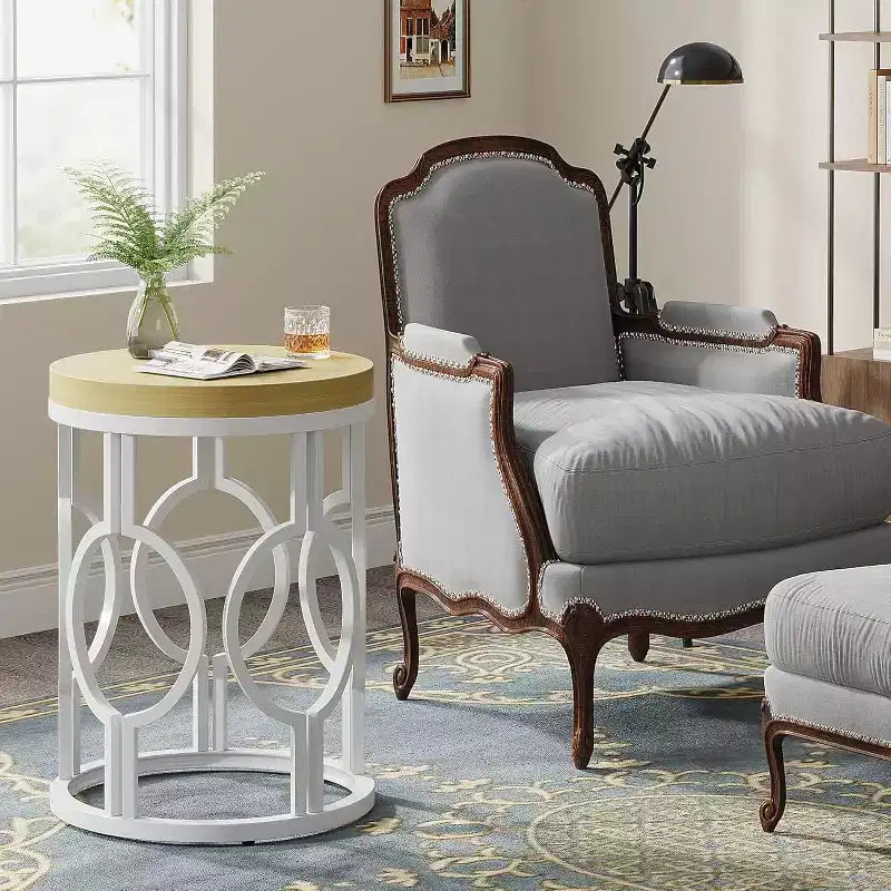 Lantine Round End Table, Farmhouse Side Table with White Metal Hollow Frame, Small Bedside Table Nightstand for Living Room, Bedroom, Easy Assembly