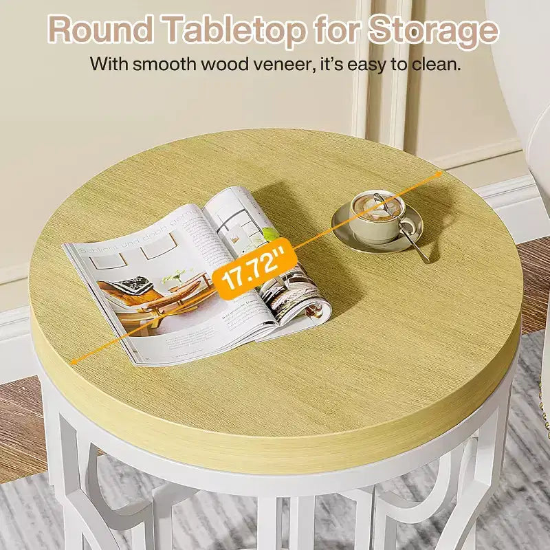 Lantine Round End Table, Farmhouse Side Table with White Metal Hollow Frame, Small Bedside Table Nightstand for Living Room, Bedroom, Easy Assembly
