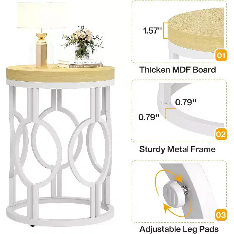 Lantine Round End Table, Farmhouse Side Table with White Metal Hollow Frame, Small Bedside Table Nightstand for Living Room, Bedroom, Easy Assembly