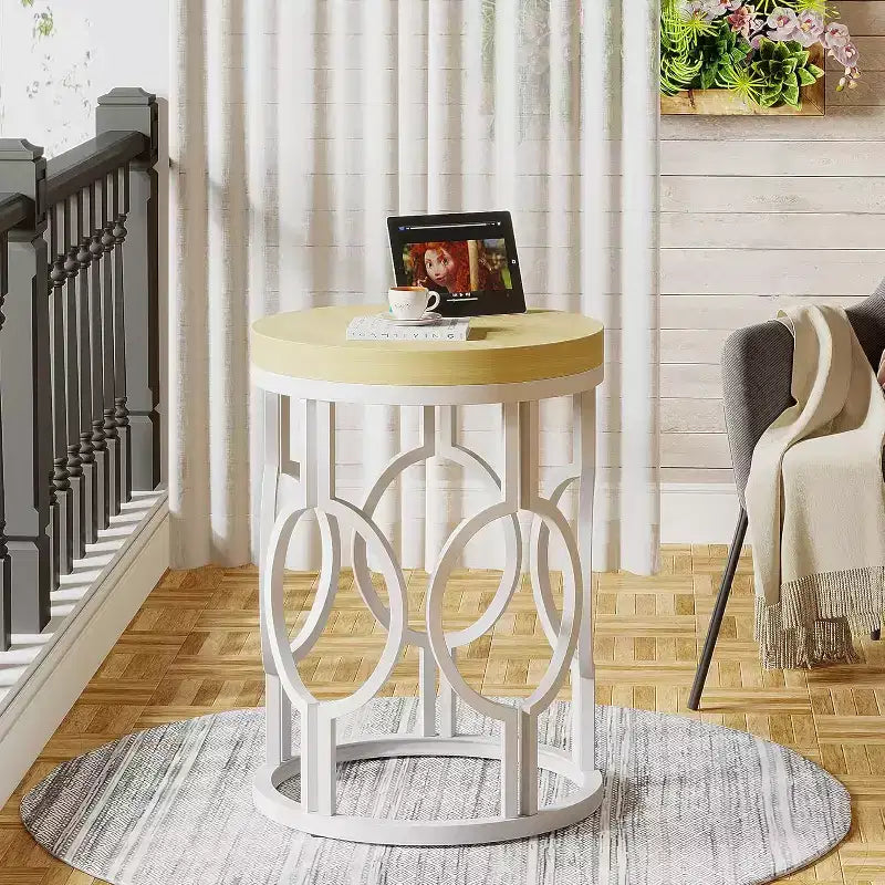 Lantine Round End Table, Farmhouse Side Table with White Metal Hollow Frame, Small Bedside Table Nightstand for Living Room, Bedroom, Easy Assembly