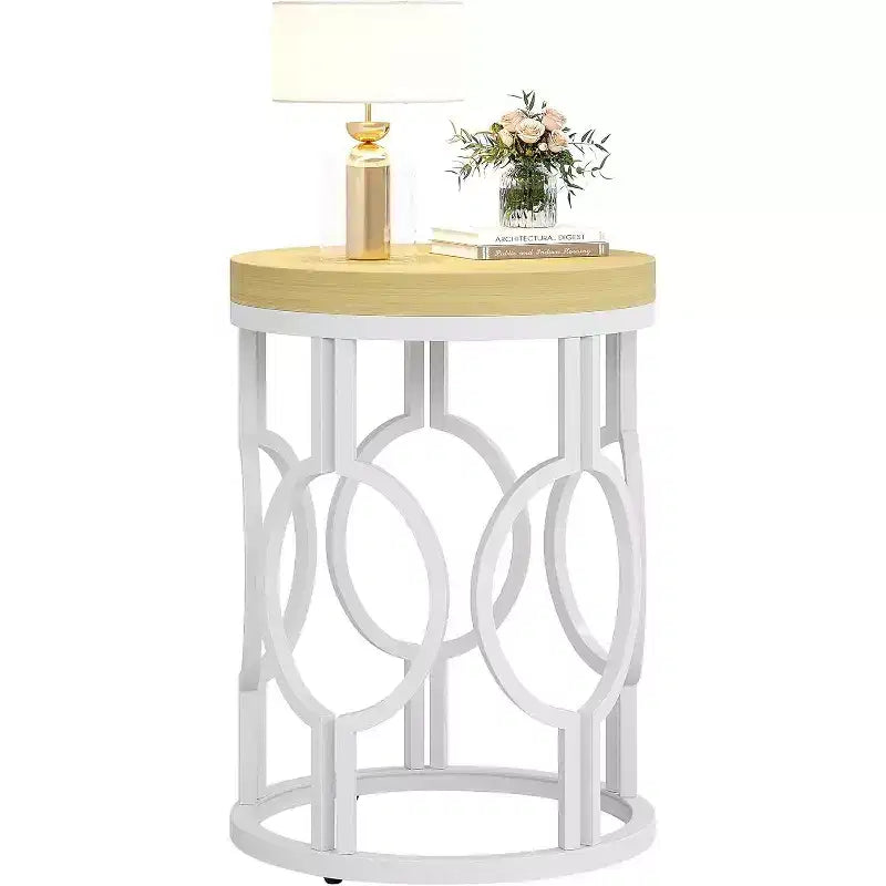 Lantine Round End Table, Farmhouse Side Table with White Metal Hollow Frame, Small Bedside Table Nightstand for Living Room, Bedroom, Easy Assembly