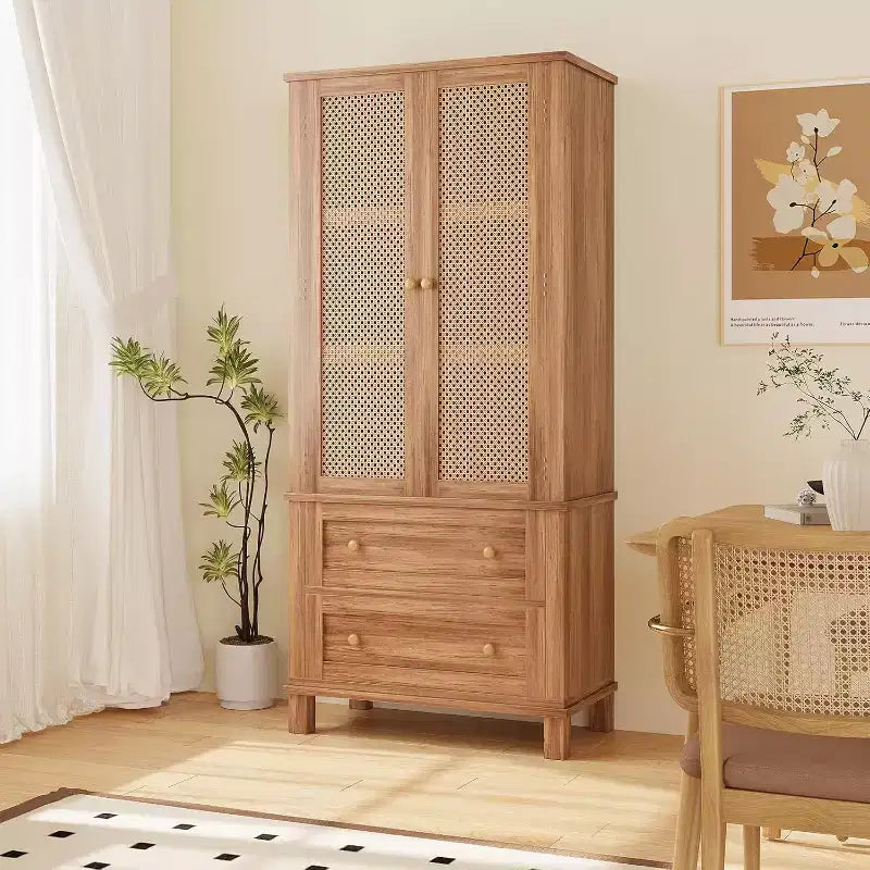 64 Tall Pantry Cabinet Rattan Storage Cabinet with 2 Doors, 2 Drawers & Adjustable Shelves, Pantry, Linen, Cupboard for Kitchen,Living Room,Entryway
