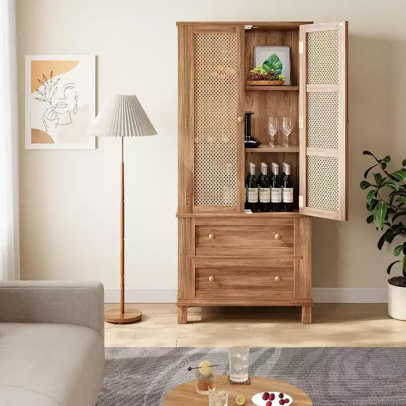 64 Tall Pantry Cabinet Rattan Storage Cabinet with 2 Doors, 2 Drawers & Adjustable Shelves, Pantry, Linen, Cupboard for Kitchen,Living Room,Entryway