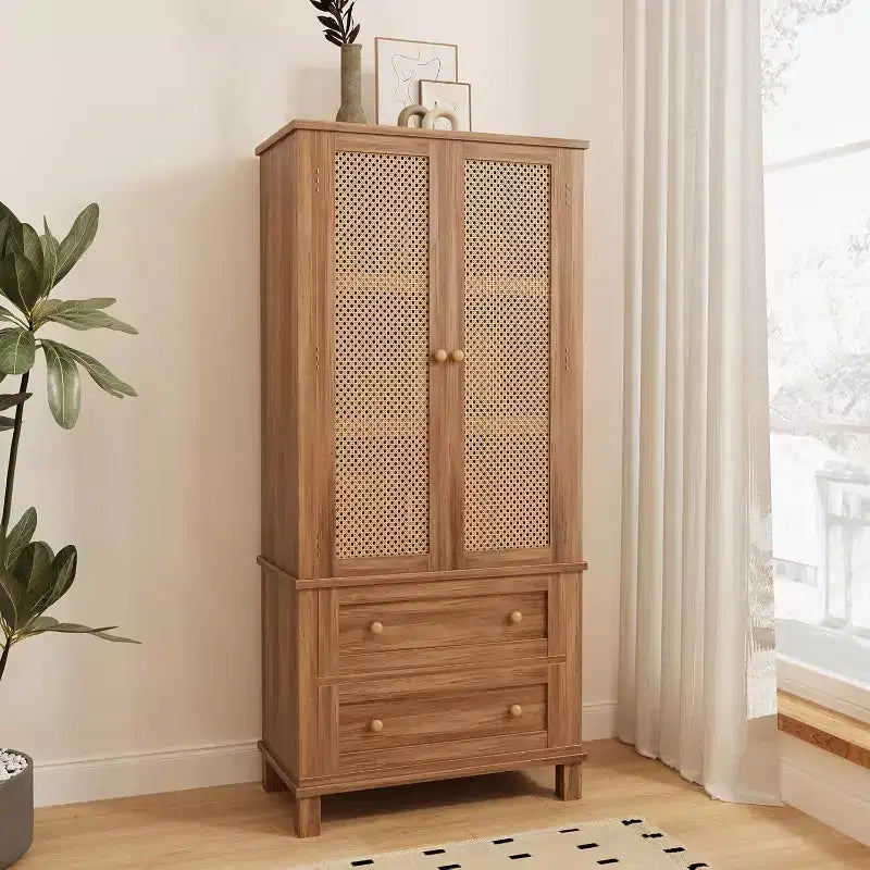 64 Tall Pantry Cabinet Rattan Storage Cabinet with 2 Doors, 2 Drawers & Adjustable Shelves, Pantry, Linen, Cupboard for Kitchen,Living Room,Entryway
