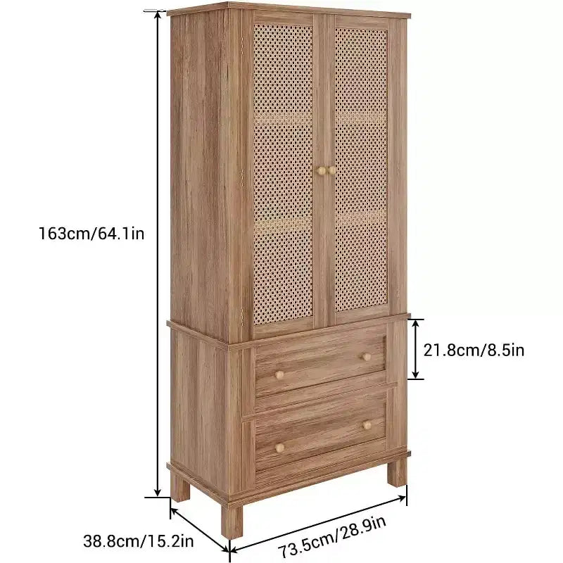 64 Tall Pantry Cabinet Rattan Storage Cabinet with 2 Doors, 2 Drawers & Adjustable Shelves, Pantry, Linen, Cupboard for Kitchen,Living Room,Entryway