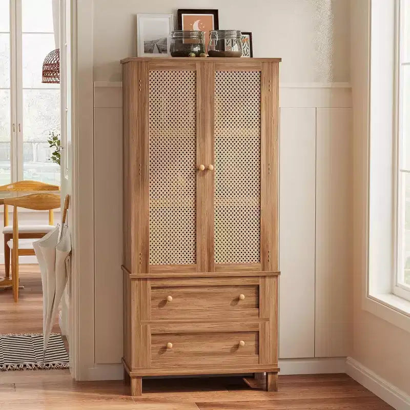 64 Tall Pantry Cabinet Rattan Storage Cabinet with 2 Doors, 2 Drawers & Adjustable Shelves, Pantry, Linen, Cupboard for Kitchen,Living Room,Entryway