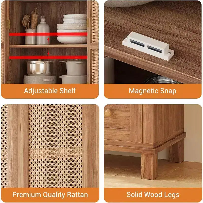 64 Tall Pantry Cabinet Rattan Storage Cabinet with 2 Doors, 2 Drawers & Adjustable Shelves, Pantry, Linen, Cupboard for Kitchen,Living Room,Entryway