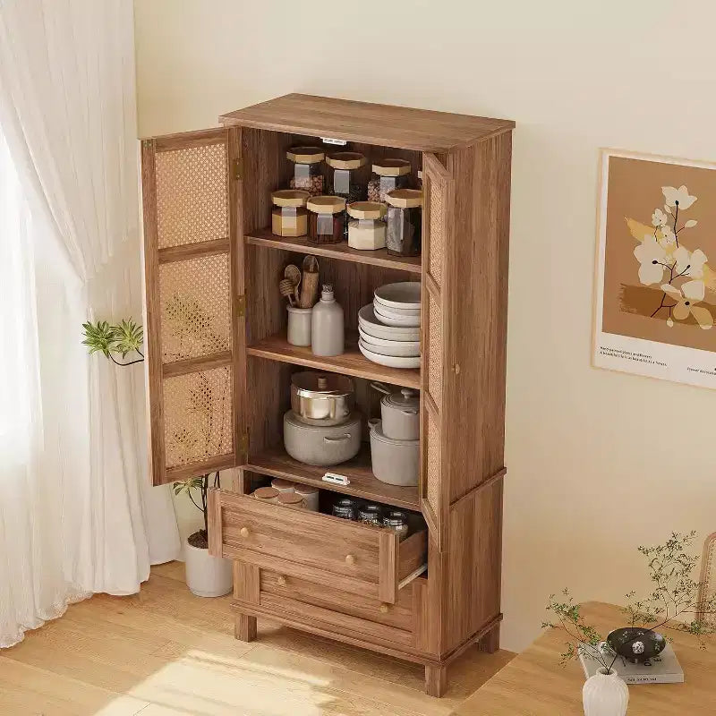 64 Tall Pantry Cabinet Rattan Storage Cabinet with 2 Doors, 2 Drawers & Adjustable Shelves, Pantry, Linen, Cupboard for Kitchen,Living Room,Entryway