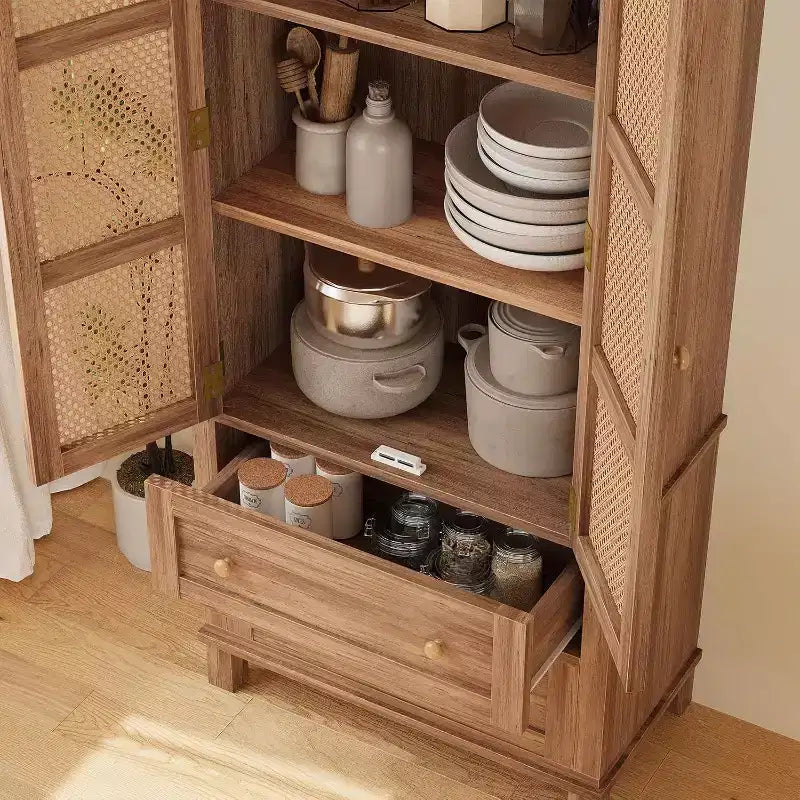 64 Tall Pantry Cabinet Rattan Storage Cabinet with 2 Doors, 2 Drawers & Adjustable Shelves, Pantry, Linen, Cupboard for Kitchen,Living Room,Entryway