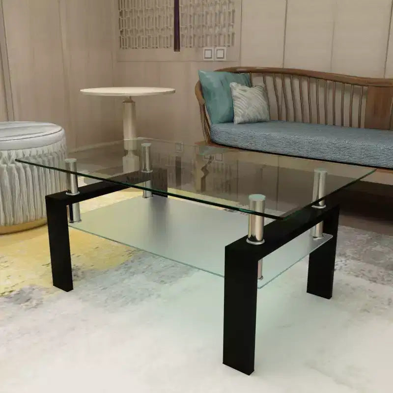 Rectangle Glass Coffee Table, Clear Double Layer Storage, Metal Tube, Mid Century Modern End Table for Living Room, Office