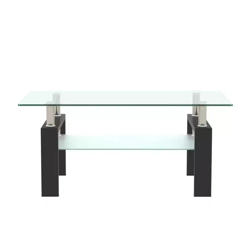 Rectangle Glass Coffee Table, Clear Double Layer Storage, Metal Tube, Mid Century Modern End Table for Living Room, Office