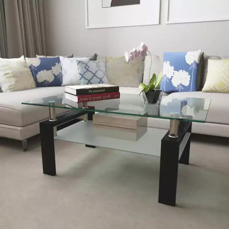 Rectangle Glass Coffee Table, Clear Double Layer Storage, Metal Tube, Mid Century Modern End Table for Living Room, Office