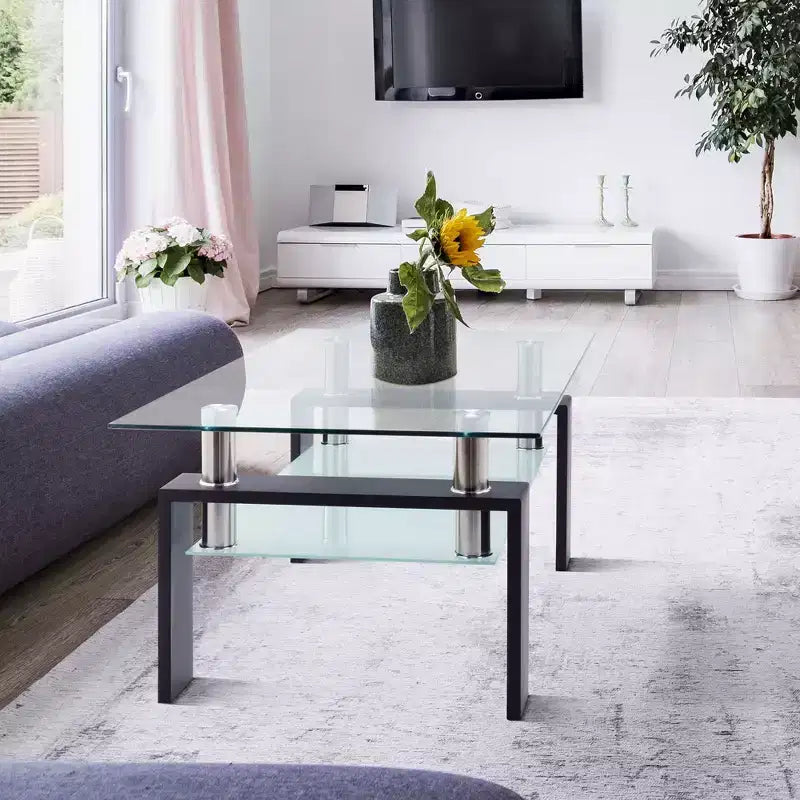 Rectangle Glass Coffee Table, Clear Double Layer Storage, Metal Tube, Mid Century Modern End Table for Living Room, Office