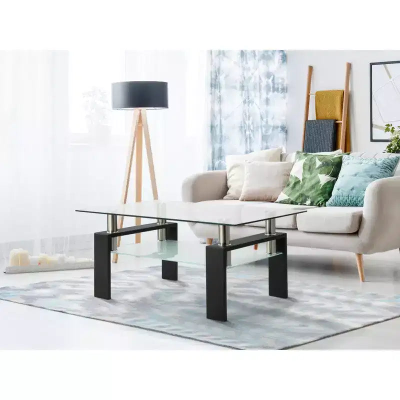 Rectangle Glass Coffee Table, Clear Double Layer Storage, Metal Tube, Mid Century Modern End Table for Living Room, Office