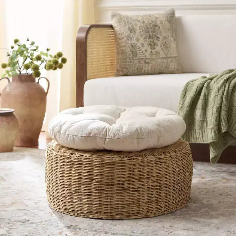 Bori Round Ottoman with Cushion - OTT6503 - Beige/White - Safavieh