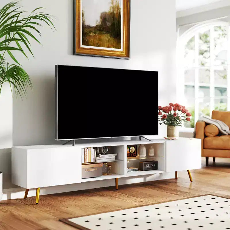 Bestier 86 Inch Modern LED TV Stand with Gold Legs and Storage Media Console in White