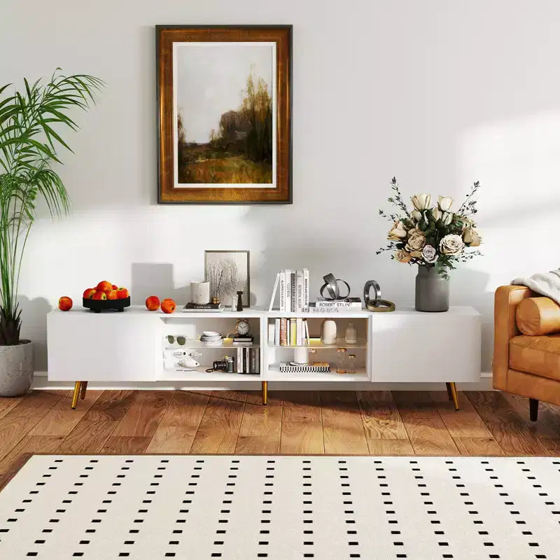 Bestier 86 Inch Modern LED TV Stand with Gold Legs and Storage Media Console in White