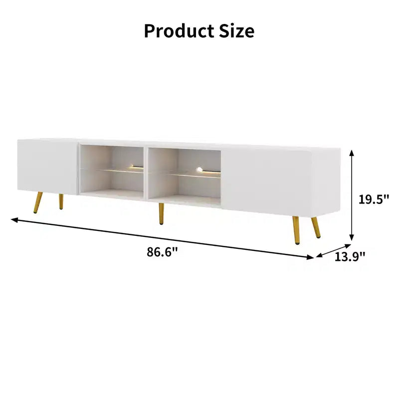 Bestier 86 Inch Modern LED TV Stand with Gold Legs and Storage Media Console in White