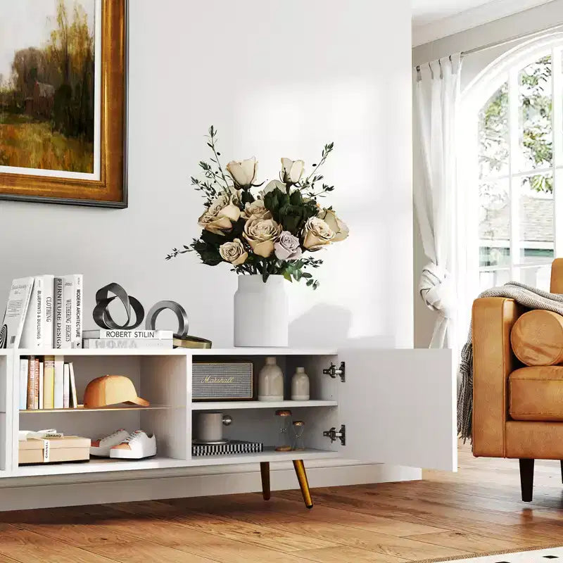 Bestier 86 Inch Modern LED TV Stand with Gold Legs and Storage Media Console in White