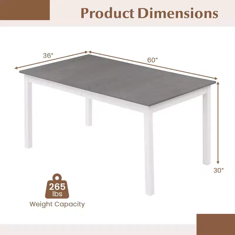 Costway 60'' Rectangular Dinner Table w/Solid Rubber Wood Legs for Kitchen Dining Room Gray & White