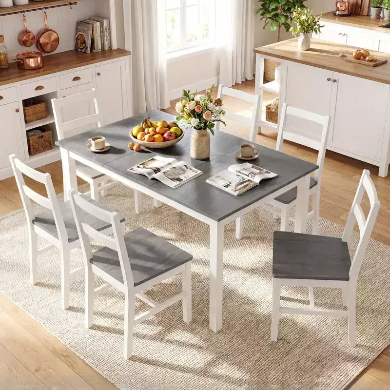 Costway 60'' Rectangular Dinner Table w/Solid Rubber Wood Legs for Kitchen Dining Room Gray & White