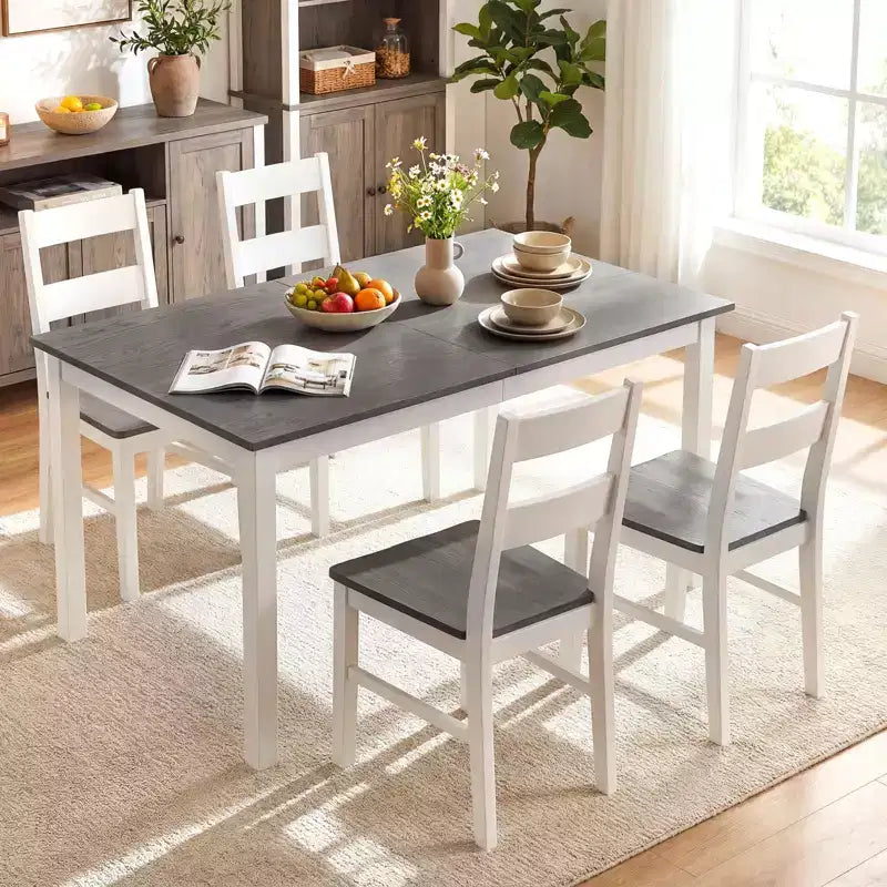 Costway 60'' Rectangular Dinner Table w/Solid Rubber Wood Legs for Kitchen Dining Room Gray & White