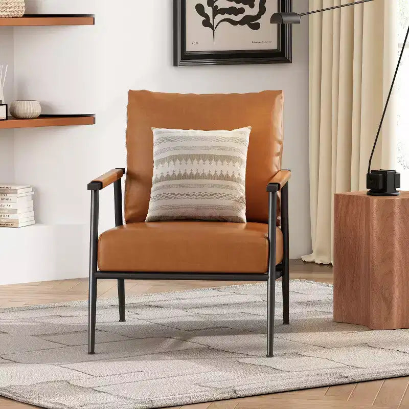 Mid-Century Modern Accent Chair with Faux Leather Upholstery, Metal Frame, for Living Room, Bedroom, or Office