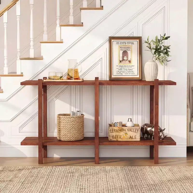 Costway 2-Tier Wood Bookshelf, Low Horizontal Rubberwood Bookcase for Storage & Display