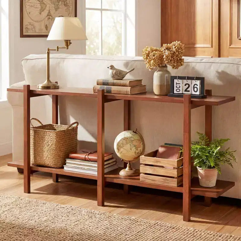 Costway 2-Tier Wood Bookshelf, Low Horizontal Rubberwood Bookcase for Storage & Display