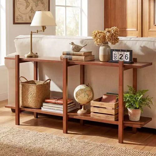Costway 2-Tier Wood Bookshelf, Low Horizontal Rubberwood Bookcase for Storage & Display