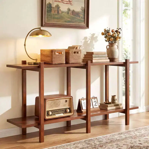 Costway 2-Tier Wood Bookshelf, Low Horizontal Rubberwood Bookcase for Storage & Display