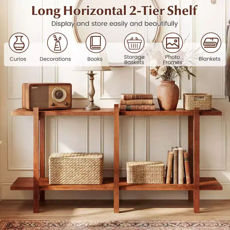 Costway 2-Tier Wood Bookshelf, Low Horizontal Rubberwood Bookcase for Storage & Display