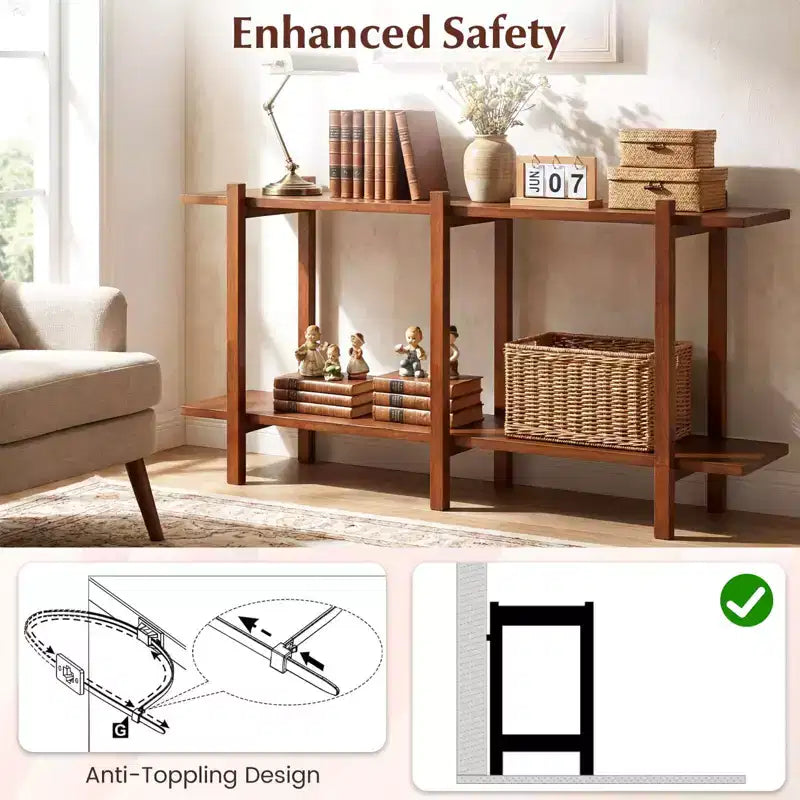Costway 2-Tier Wood Bookshelf, Low Horizontal Rubberwood Bookcase for Storage & Display