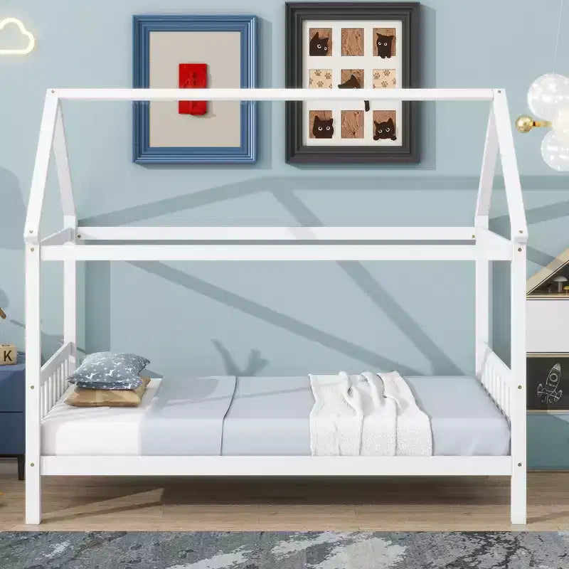 Twin Size House Bed Kid Bed Frame with Headboard & Footboard, Rubber Wood Frame - ModernLuxe