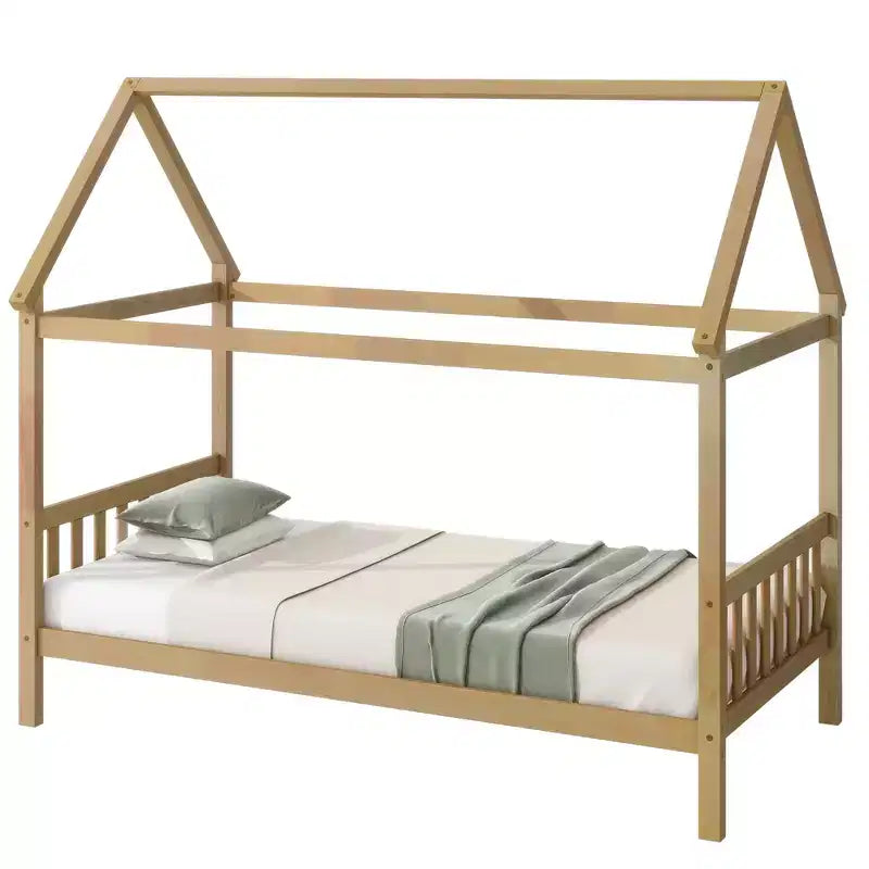 Twin Size House Bed Kid Bed Frame with Headboard & Footboard, Rubber Wood Frame - ModernLuxe