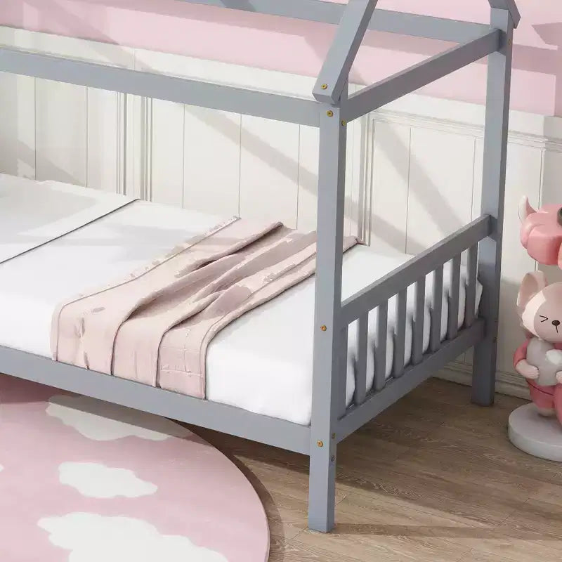 Twin Size House Bed Kid Bed Frame with Headboard & Footboard, Rubber Wood Frame - ModernLuxe